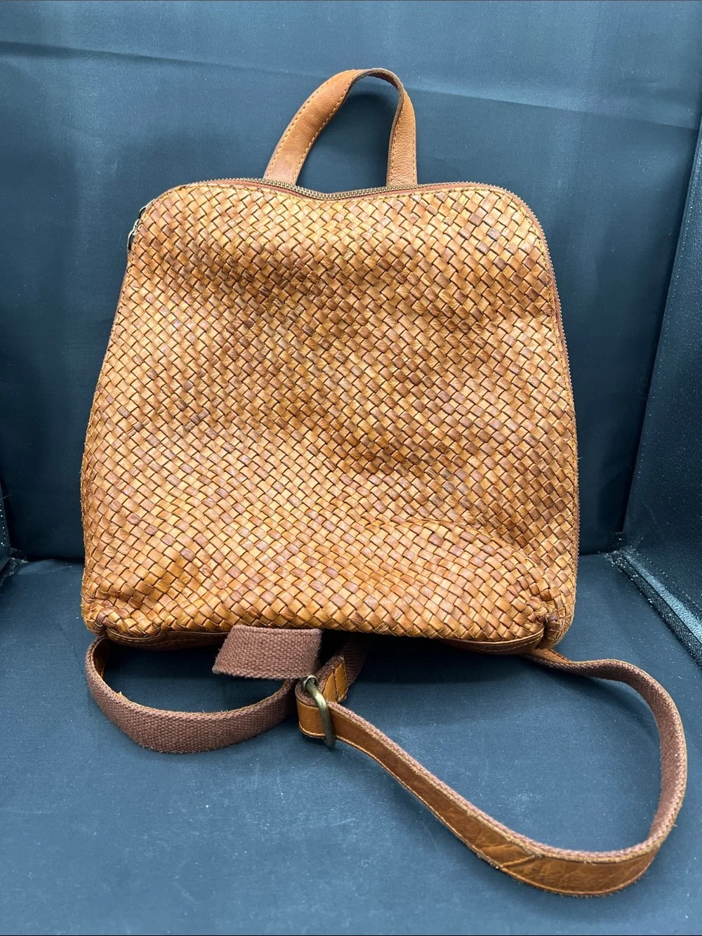 Woven Leather Backpack in Tan - Women's Everyday Backpack